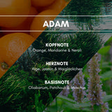 Raumduft "Adam": Diese Parfümkomposition wirkt angenehm duftend durch die Basis- und Herznoten Patchouli, Moschus, Jasmin & Maiglöckchen sowie einem erfrischenden Spritzer Orange und Mandarine.