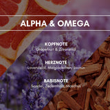 Raumduft „Alpha & Omega“: Zitronenöl und ätherischer Lavendelduft wirken wohltuend und beruhigend. Sandel, Zedernholz und Moschus bilden die Basisnote dieser entspannenden Duftkomposition.