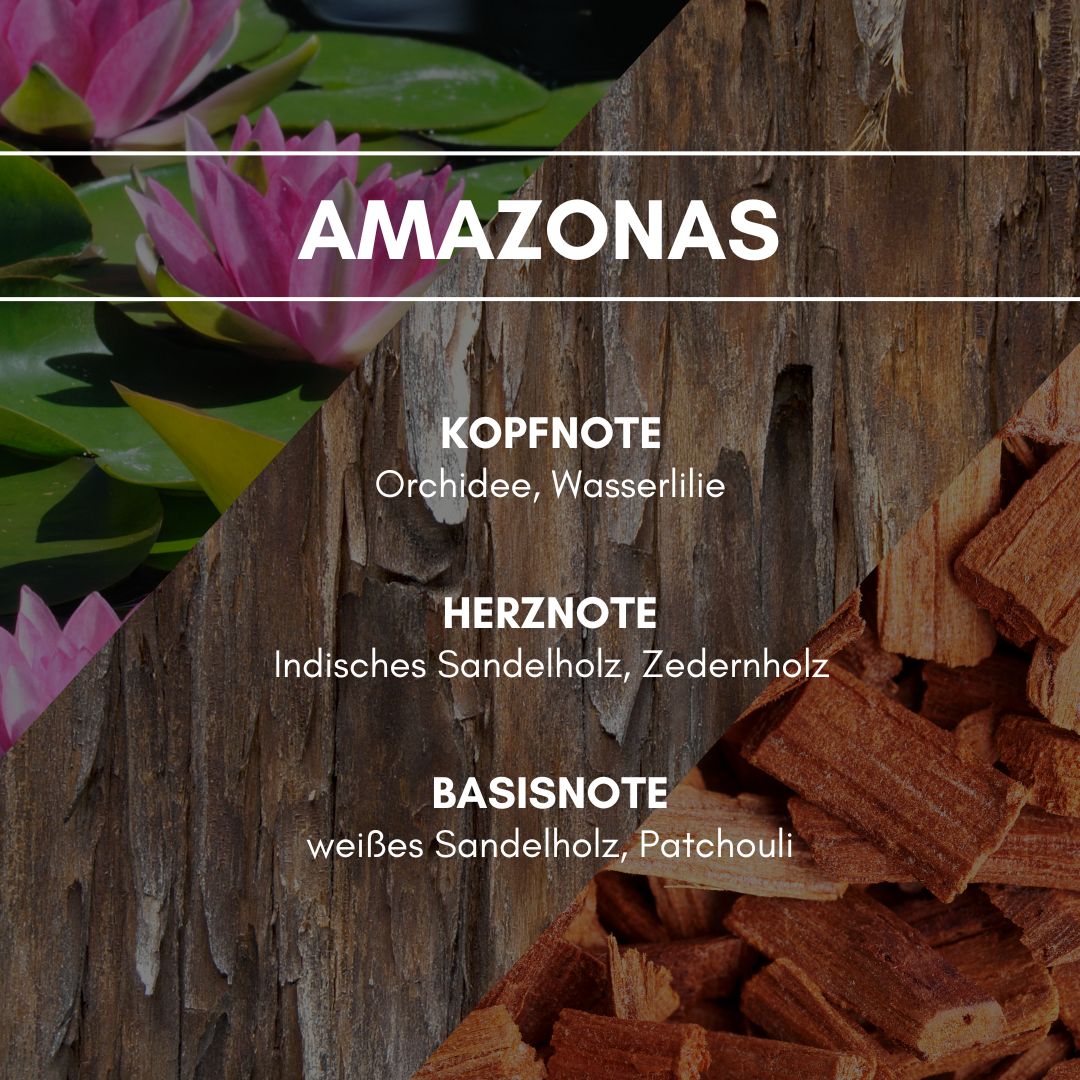 Raumduft "Amazonas": Der Naturtraum vereint erfrischende, vitalisierende und ausgleichende Duftnuancen aus frischem Zedernholz, einer Mischung aus indisch & weißem Sandelholz und einem Hauch blumiger Noten.