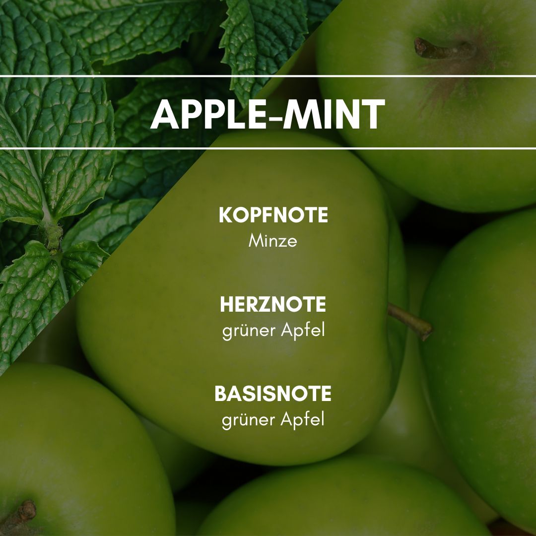 Raumduft "Apple-Mint": Ein leicht kühler, aber erfrischender Duft von kernigen Äpfeln mit einem seichten, ätherischen Hauch von Minze.