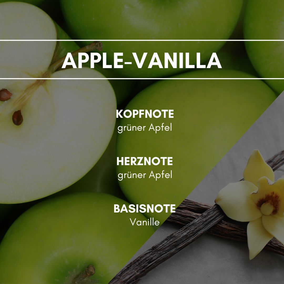 Raumduft "Apple-Vanilla": Der fruchtige Duft von erntefrischen grünen Äpfeln wird umhüllt von dem warmen, lieblich süßen Extrakt der Vanilleschote.
