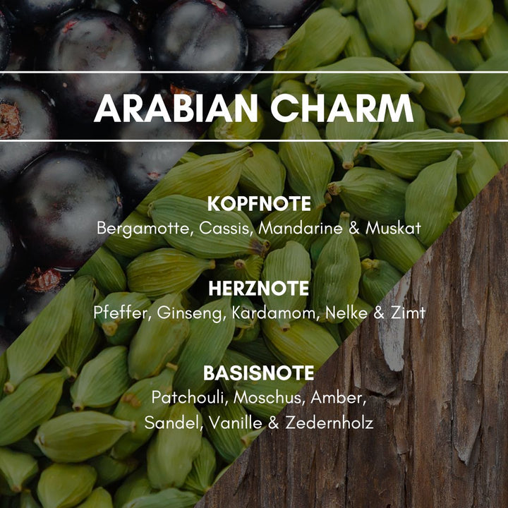  Arabian Charm: Die Kraft der fesselnden Kopfnote aus Cassis, Mandarine & Muskat kombiniert mit würzigen Akkorden von Pfeffer & Kardamom beschreibt den Charme dieses orientalischen Dufts perfekt. Ausdrucksstark überzeugt der Duft mit seinen extravaganten Essenzen von Amber, Sandel & Vanille, die eine wärmende Geborgenheit ausstrahlen.