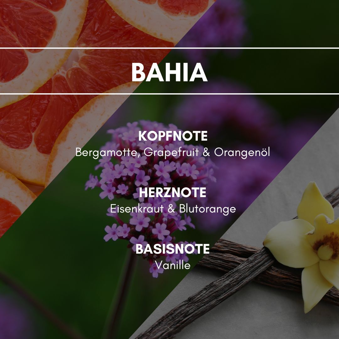 Raumduft "Bahia": Entspannende Ätherik verführt durch Eisenkraut, Bergamottöl und einem fruchtigen Hauch von Blutorangen.