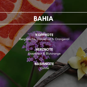 Bahia: Entspannende Ätherik verführt durch Eisenkraut, Bergamottöl und einem fruchtigen Hauch von Blutorangen.