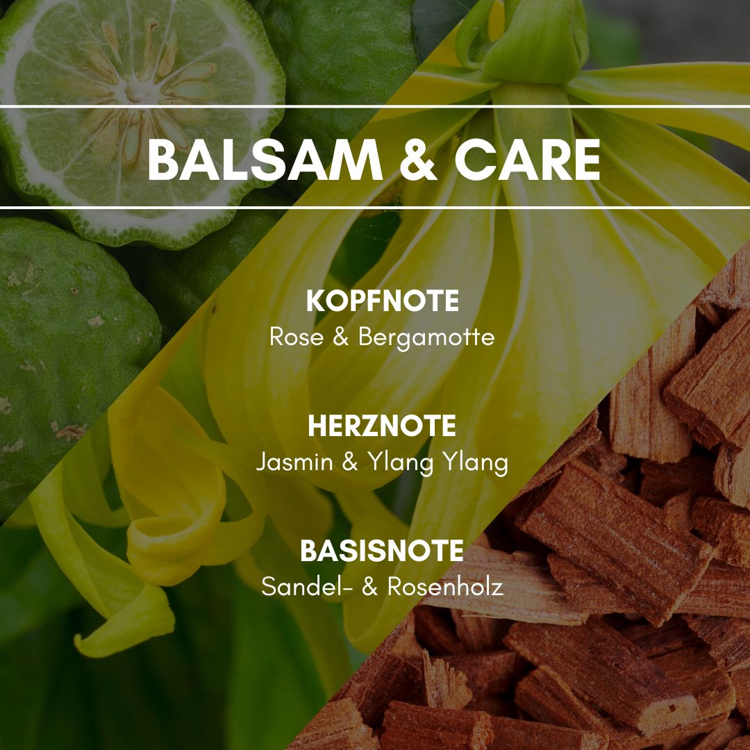Raumduft "Balsam & Care": Die pudrigen Eigenschaften erinnern an Beauty- und Pflegeprodukte, gemischt mit einem sanften, blumigen Hauch, ruft dieser Duft ein erholsames Frischegefühl hervor.