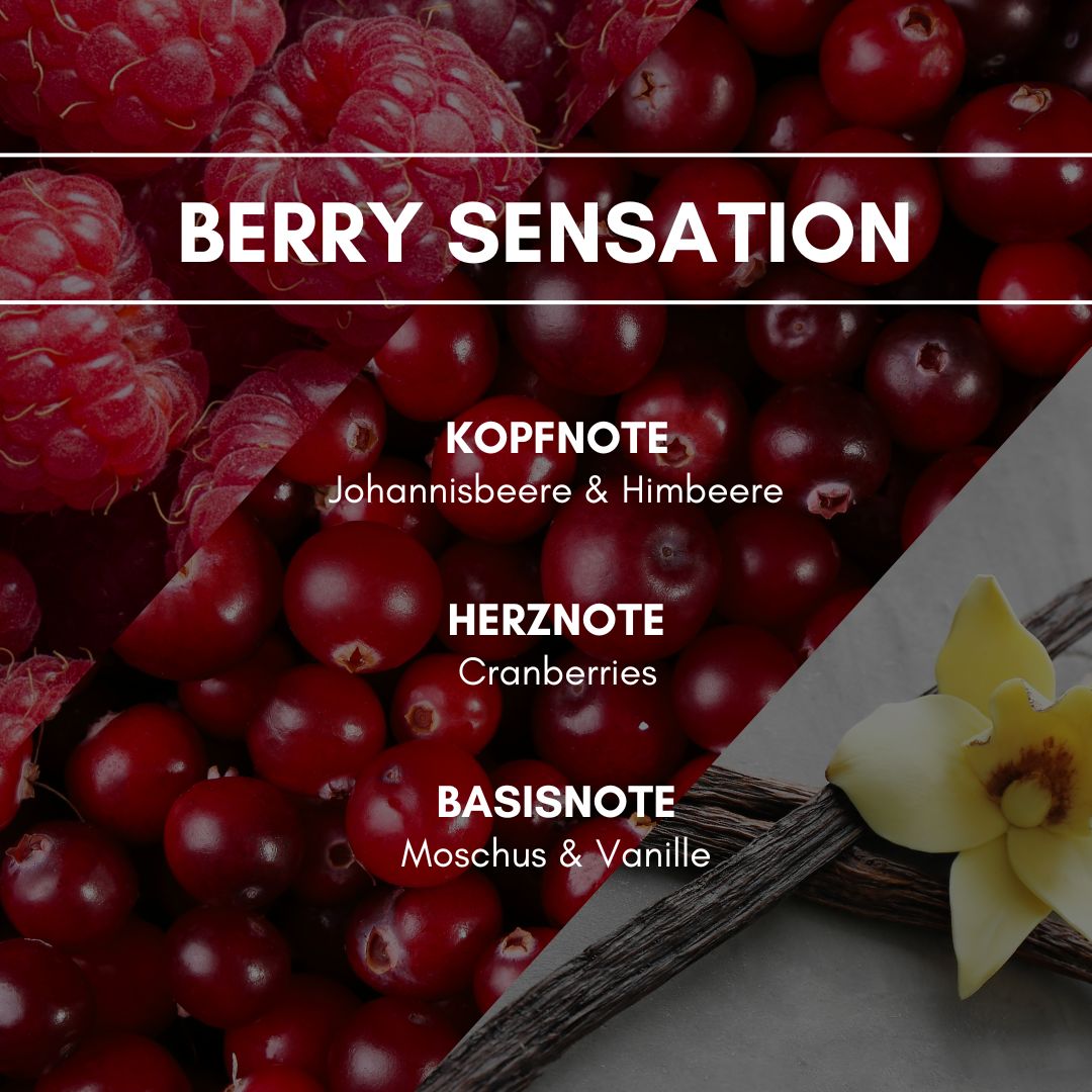 Raumduft "Berry Sensation": Fruchtiger, leicht herber Duft nach frischen Beerenfrüchten - appetitanregend und stimmungshebend.