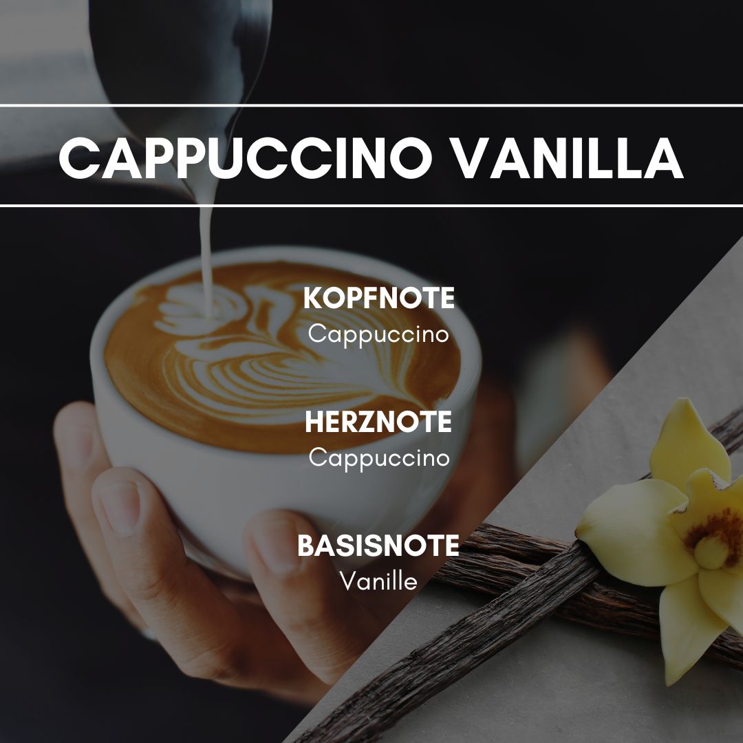 Raumduft "Cappuccino Vanilla": Die Süße der Vanilleschote wirft einen zarten Schimmer auf das liebliche Heißgetränk.