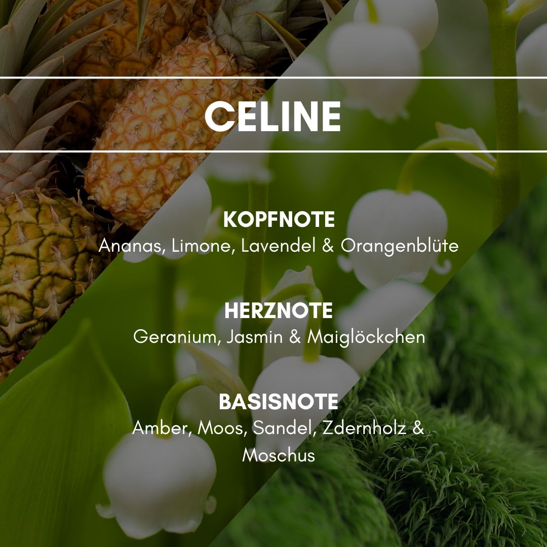 Raumduft "Celine": Die frische Fougère-Note mit einer grün fruchtigen Spitze wird unterstrichen von einem kühlen, blumigen Bouquet.