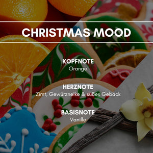 Aerosol Duftspray "Christmas Mood": Eine typisch weihnachtliche Komposition mit einer Orangen-Herznote, unterstützt von Zimtaromen, weihnachtlichem Gebäck und einem zarten, süßlichen Hauch von Vanille.