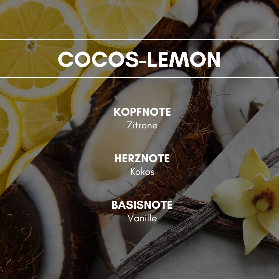 Raumduft "Cocos-Lemon": Urlaubsfeeling durch den exotisch frischen Geruch der Kokosnuss, versetzt mit einem Spritzer Zitrone.