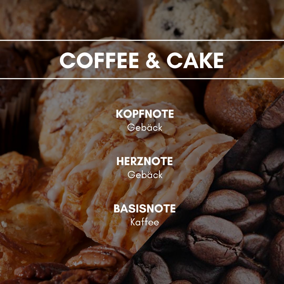 Raumduft "Coffee & Cake": Ein zauberhaft süßlicher Duft von frischem Gebäck und weiteren Bäckerei-Spezialitäten kombiniert mit der herben Note der Kaffeebohne.