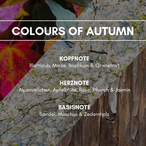 Aerosol Duftspray "Colours of Autumn": Herbstliche grüne Nuancen treffen auf langsam herunterfallende Laubblätter. Fruchtig frischer Duft aus Orangenblüte und Grapefruit mit holzigen Noten wie Sandel- und Zedernholz vereint mit Minze und Basilikum.