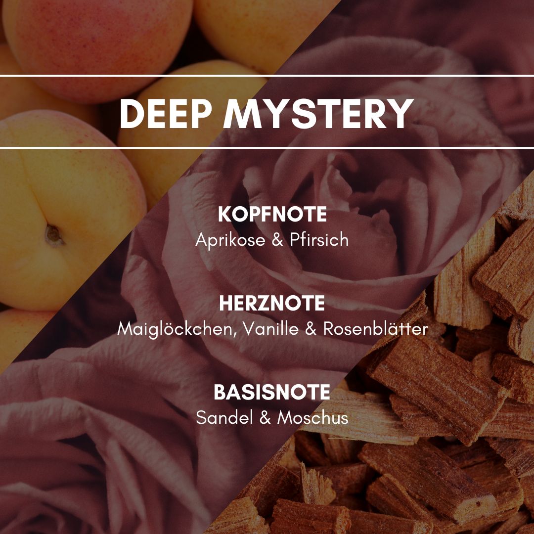 Raumduft "Deep Mystery": Rosenblätter, Aprikosen- und Pfirsichblüte bringen eine elegante und attraktive Note zum Vorschein, welche mit Vanille, Moschus und Sandelholz in die richtige Form gebracht wird.