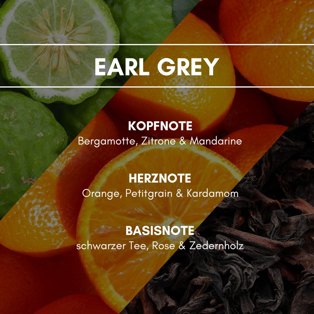 Raumduft "Earl Grey Tea": Die chinesische Teemischung, bestehend aus schwarzem Tee und einer feinen duftig bitteren Note aus Bergamotte, wirkt sehr belebend und vitalisierend. Ein Spritzer Orange gibt dem Ganzen einen fruchtigen Kick.