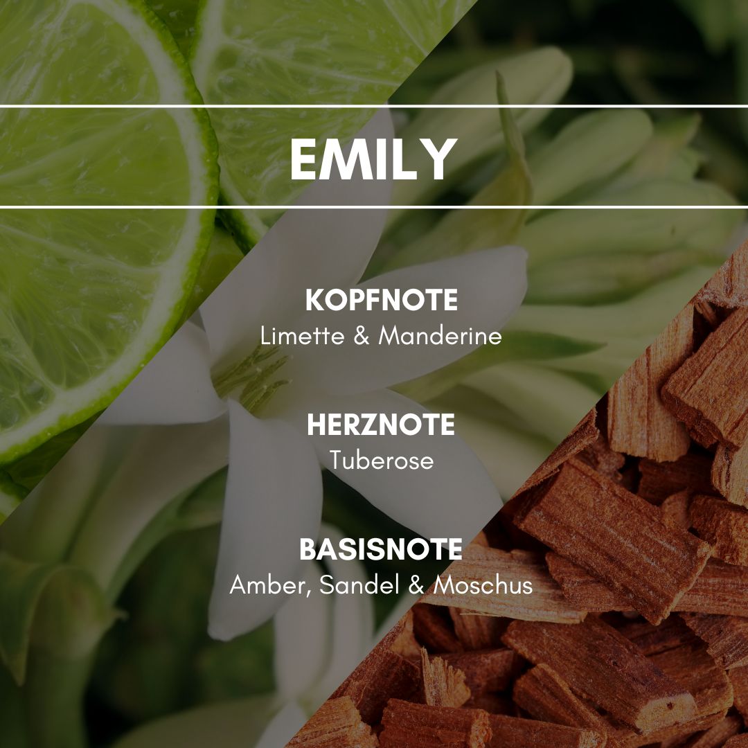 Raumduft "Emily": Eine feine, orientalische und sinnliche Damenparfümnote, geprägt durch Limette, Mandarine, Tuberose sowie dezent herben Tönen wie Amber, Moschus und Sandelholz.