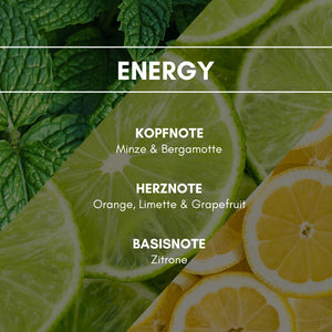 Energy: Die knackige Erfrischung der Zitrone, vereint mit einem Spritzer Minze ruft eine dynamische Wirkung hervor.
