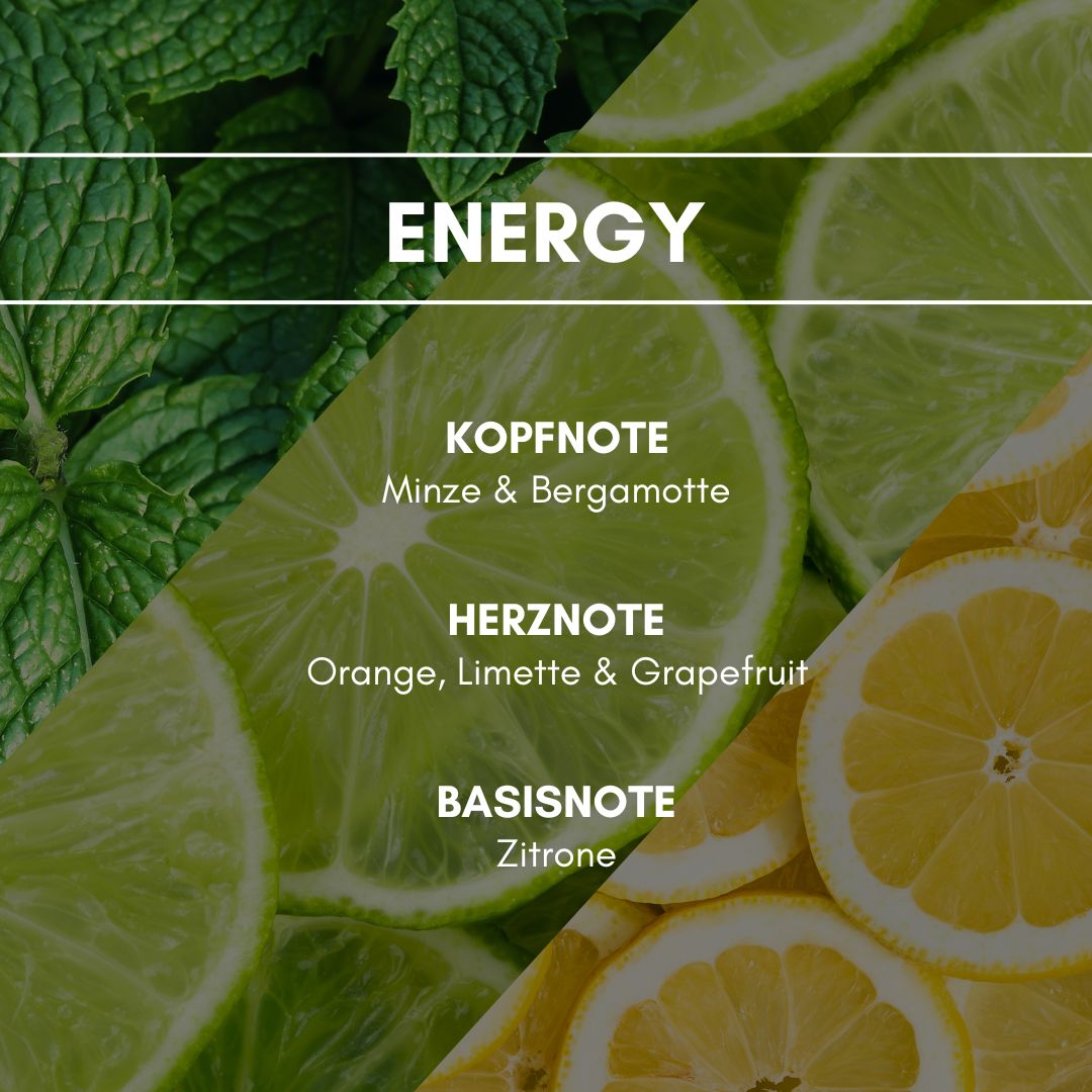 Energy: Die knackige Erfrischung der Zitrone vereint mit einem Spritzer Minze ruft eine stimulierende Wirkung hervor. Dieser frische Duft belebt sowohl Körper als auch Geist.
