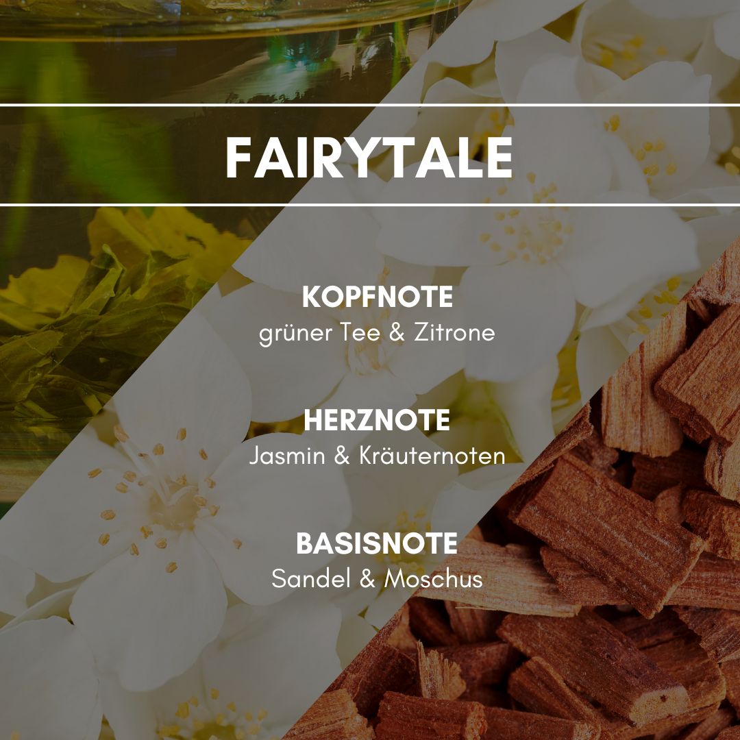 Raumduft "Fairytale": Ein grüner, spritziger Duft voller Kraft und Inspiration. Würzige Kräuternoten und Grüner Tee-Duft lösen die frische Kopfnote ab. Eine leichte, blumige Brise sowie ein Hauch von Moschus bilden den abgerundeten Fond.