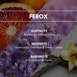 Raumduft "FEROX": Unsere angstlösende Duftkomposition aus verschiedensten ätherischen Ölen! Der Frischekick aus Orange und Bergamotte wirkt in Kombination mit Lavendel, Palmarosa-Öl und Geranium sehr harmonisch.
