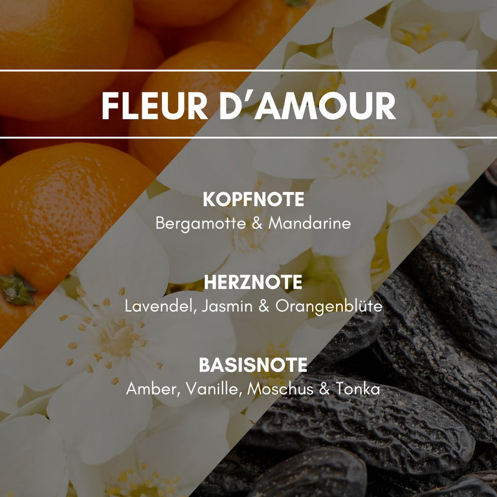 Aerosol Duftspray "Fleur d`Amour": Dieses elegante Kunstwerk ist wie ein loderndes Herz, was raffinierte feminine Nuancen verschmelzen lässt. Die Akkorde von Mandarine, Jasmin & Vanille umhüllen den Duft mit einer rot-gold schimmernden Aura.