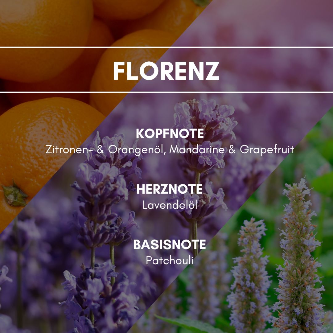 Raumduft "Florenz": Ein fruchtiges und harmonisches Arrangement von Mandarinen-, Zitronen- und Blutorangenöl bewirkt ein unbeschwertes Gefühl von Leichtigkeit.