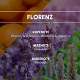 Raumduft "Florenz": Ein fruchtiges und harmonisches Arrangement von Mandarinen-, Zitronen- und Blutorangenöl bewirkt ein unbeschwertes Gefühl von Leichtigkeit.
