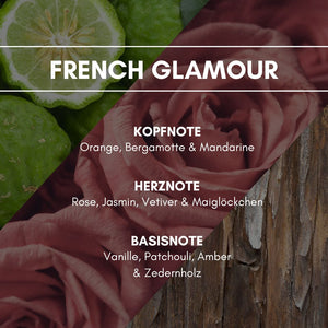 Aerosol Duftspray "French Glamour": Ein eleganter, orientalisch frischer Duft mit blumigem Jasmin und Rose, gekräftigt durch Patchouli, Amber, Vanille, und Zedernholz in der herb süßen Basisnote.