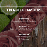 Raumduft "French Glamour": Ein eleganter, orientalisch frischer Duft mit blumigem Jasmin und Rose, gekräftigt durch Patchouli, Amber, Vanille und Zedernholz in der herb süßen Basisnote.