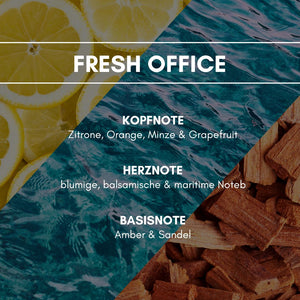 Raumduft "Fresh Office": Durch frische und maritime Noten wie Zitrone, Orange & Minze wird die Konzentrationsfähigkeit gesteigert und das Raumklima deutlich verbessert.