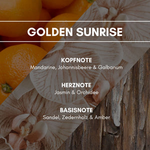 Aerosol Duftspray "Golden Sunrise": Ein fruchtig fesselnder Duft aus Mandarine und Johannisbeere, welcher Südseeträume wahr werden lässt und durch sanfte blumige Töne aus Jasmine und Orchidee, sowie Holznoten aus Zedern- und Sandelholz angenehm abgerundet wird.