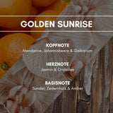 Golden Sunrise: Früchtetraum aus Mandarine & Johannisbeere, der Südseeträume wahr werden lässt. Sanfte, blumige Töne aus Jasmin & Orchidee sowie Holznoten aus Zedern- & Sandelholz angenehm abgerundet wird.