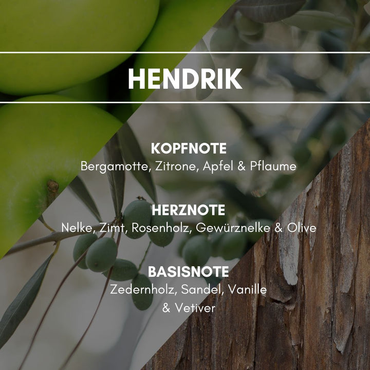 Aerosol Duftspray "Hendrik": Ein fruchtig spritziger Duft von Apfel und Bergamotte mit einer behaglichen Holzfacette durch Olivenbaum, Sandelholz und Zeder wird versüßt mit einem Spritzer Vanille.