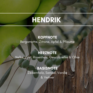 Aerosol Duftspray "Hendrik": Ein fruchtig spritziger Duft von Apfel und Bergamotte mit einer behaglichen Holzfacette durch Olivenbaum, Sandelholz und Zeder wird versüßt mit einem Spritzer Vanille.