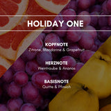 Aerosol Duftspray "Holiday One": Traumhafte Gedanken schweifen durch zauberhaft fruchtige Sommercocktails und ein Früchteparadies aus Weintraube, Quitte, Ananas und weiteren Karibikfrüchten.