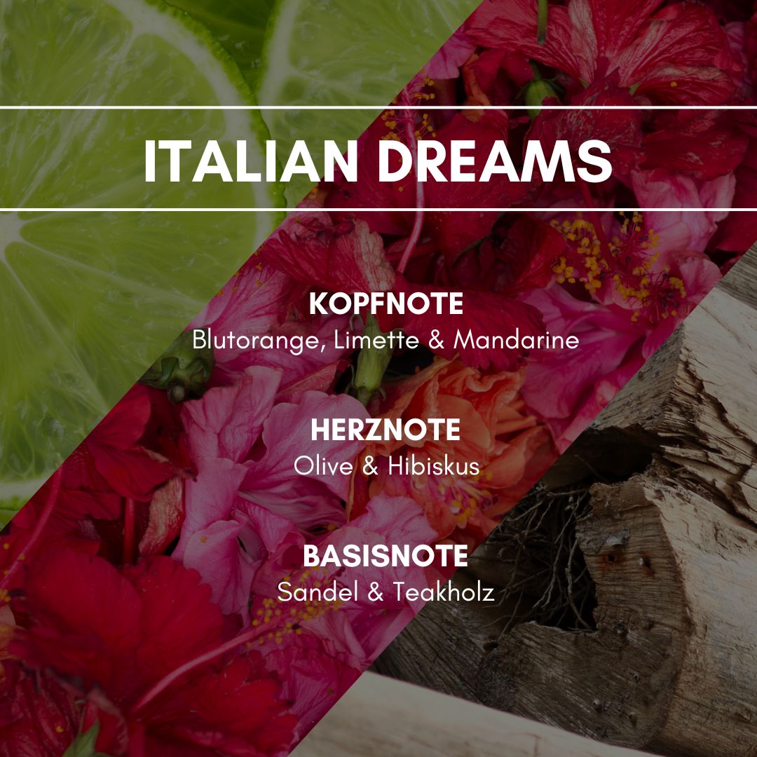 Raumduft "Italian Dreams": Eine ausgesprochen frische und köstliche Orangen- und Zitrusnote mit blumigen Akkorden aus Olive und Hibiskus lädt zu toskanischen Träumen ein.