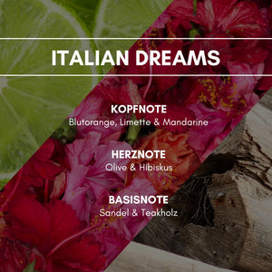 Raumduft "Italian Dreams": Eine ausgesprochen frische und köstliche Orangen- und Zitrusnote mit blumigen Akkorden aus Olive und Hibiskus lädt zu toskanischen Träumen ein.