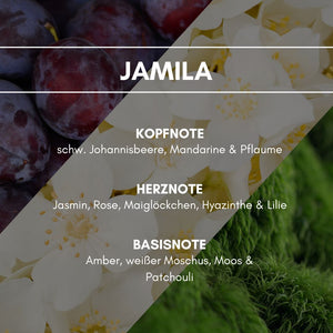 Raumduft "Jamila": Weißer Moschus, Patchouli sowie zarte Noten aus Rose, Maiglöckchen und Jasmin harmonisieren wohltuend. Mandarine, Pflaume und schwarze Johannisbeere geben dem Duft einen fruchtigen Kick.