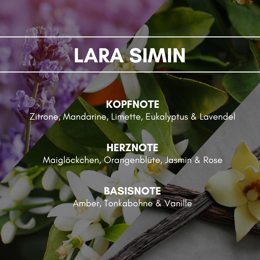 Raumduft "Lara Simin": Ein fruchtig blumiger Duft durch Orangenblüte, Maiglöckchen, Rose, Mandarine und einen Spritzer Limette. Lavendelnoten, ein Hauch Vanille und der herbe Geruch der Tonkabohne lassen den Duft unwiderstehlich wirken.