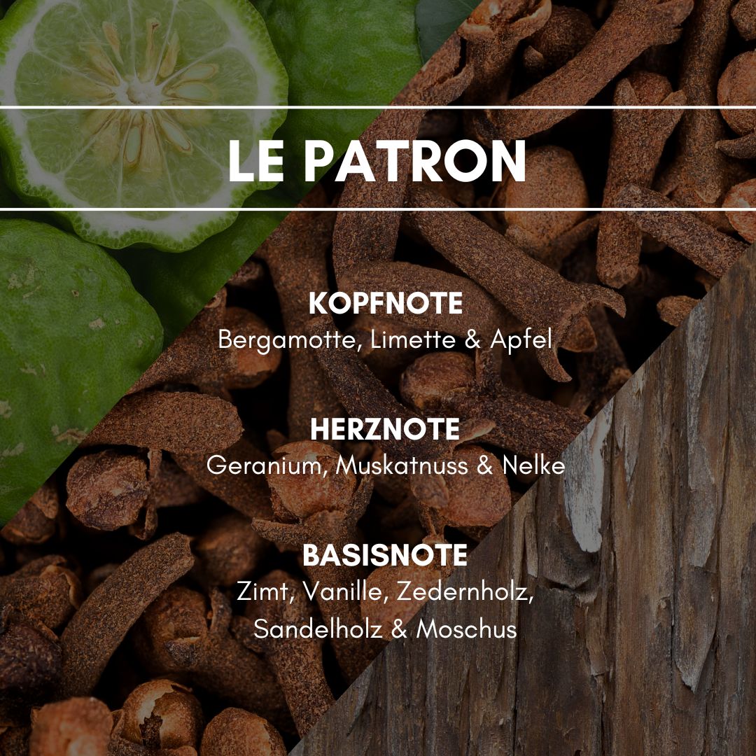 Raumduft "Le Patron" (ehem. Hendrik) für AromaStreamer® 360 Ein fruchtig spritziger Duft von Apfel und Bergamotte, mit einer behaglichen Holzfacette durch Olivenbaum, Sandelholz und Zeder, wird versüßt mit einem einen Spritzer Vanille.