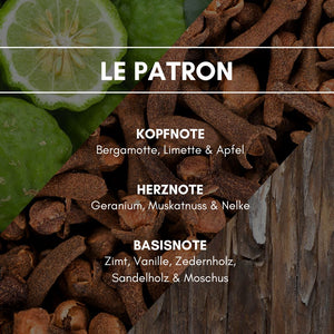 Raumduft "Le Patron": Dynamisch und unvergleichlich. Die fruchtige Frische von grünem Apfel trifft auf die Spritzigkeit von Bergamotte. Seine behaglichen Holzfacetten zeigt der Duft durch die markant-frischen Nuancen von Sandel- und Zedernholz.