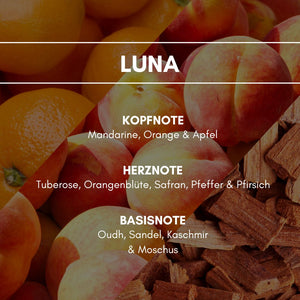 Raumduft "Luna": Der Duft frischer Orangen und Mandarinen gepaart mit erdig duftenden Holznoten vereint sich zu einem vanillig herben Damenparfüm der besonderen Art. 