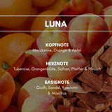 Raumduft "Luna": Der Duft frischer Orangen und Mandarinen gepaart mit erdig duftenden Holznoten vereint sich zu einem vanillig herben Damenparfüm der besonderen Art. 