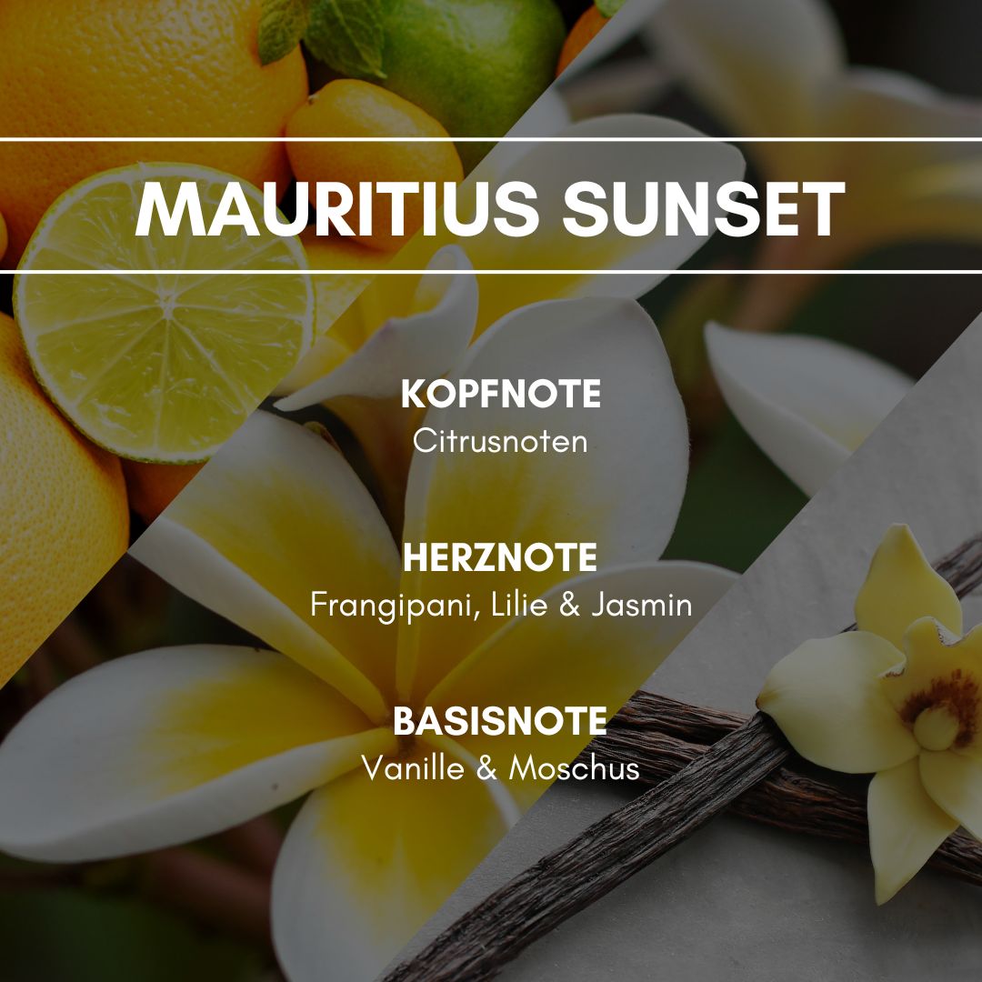 Raumduft "Mauritius Sunset": Die liebliche Blüte der Frangipani verbreitet einen unverkennbar karibischen und süßen Duft in allen Räumen.