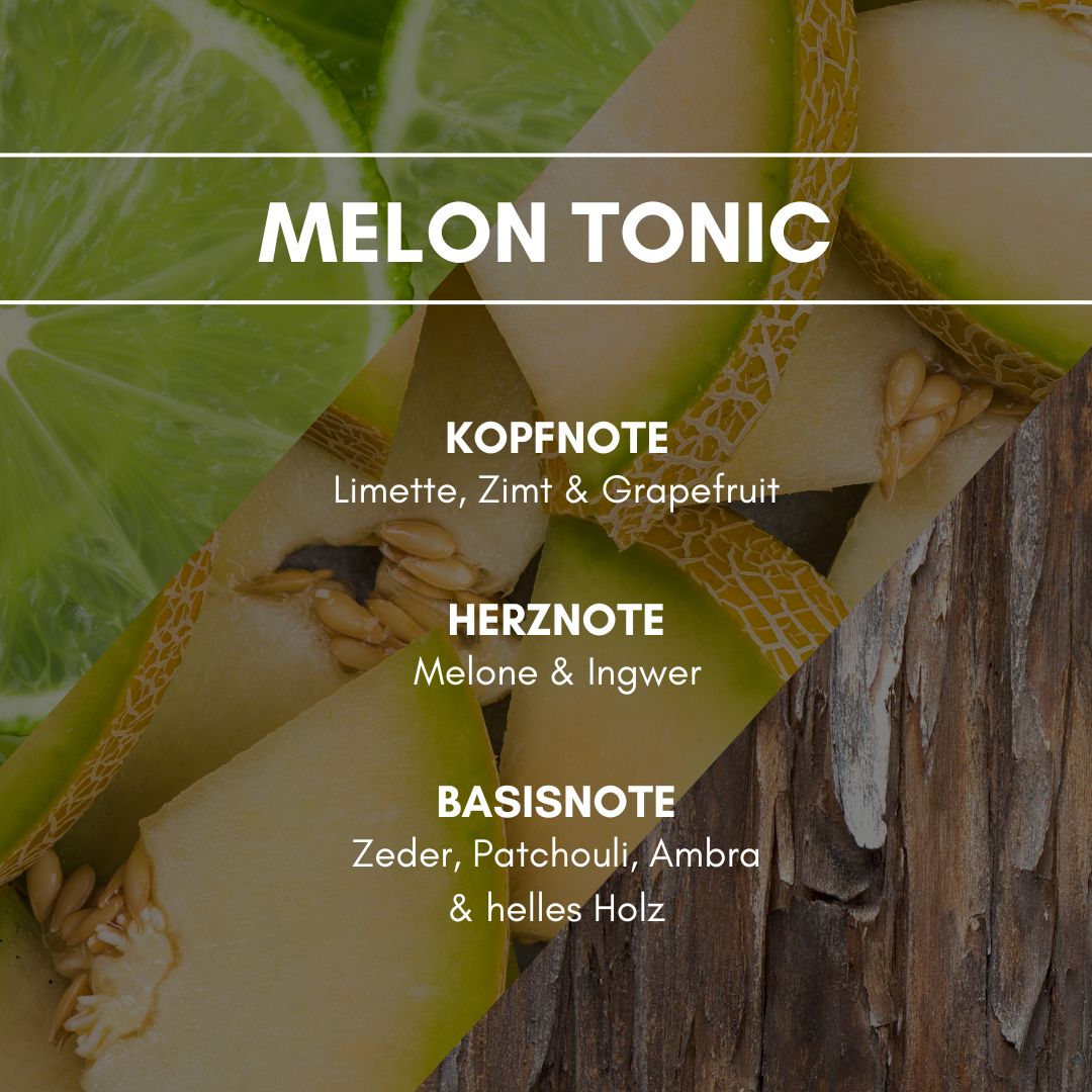 Raumduft "Melon Tonic": ein fruchtig-peppiges Dufterlebnis aus spritzig-frischer Grapefruit und exotisch-süßer Melone vereint mit holzig-warmen Akkorden.