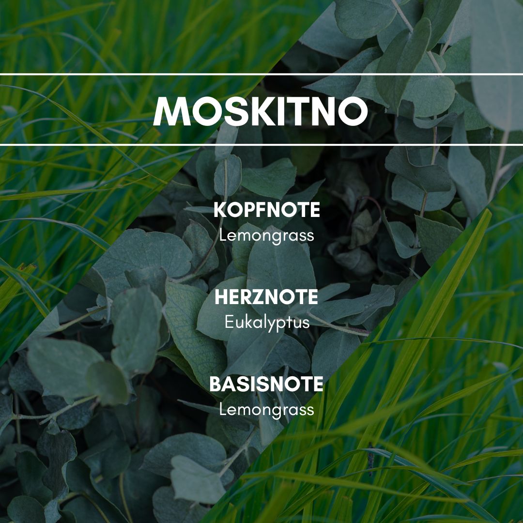 MoskitNo: Ätherische Duftkomposition aus erfrischendem Lemongras und stark kühlendem Eukalyptus.
