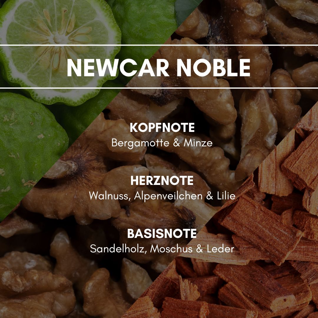 NewCar Noble: Durch Walnussholz und leichte Nuancen von Leder wird deinem Fahrzeug das Duftgefühl eines Neuwagens verliehen.