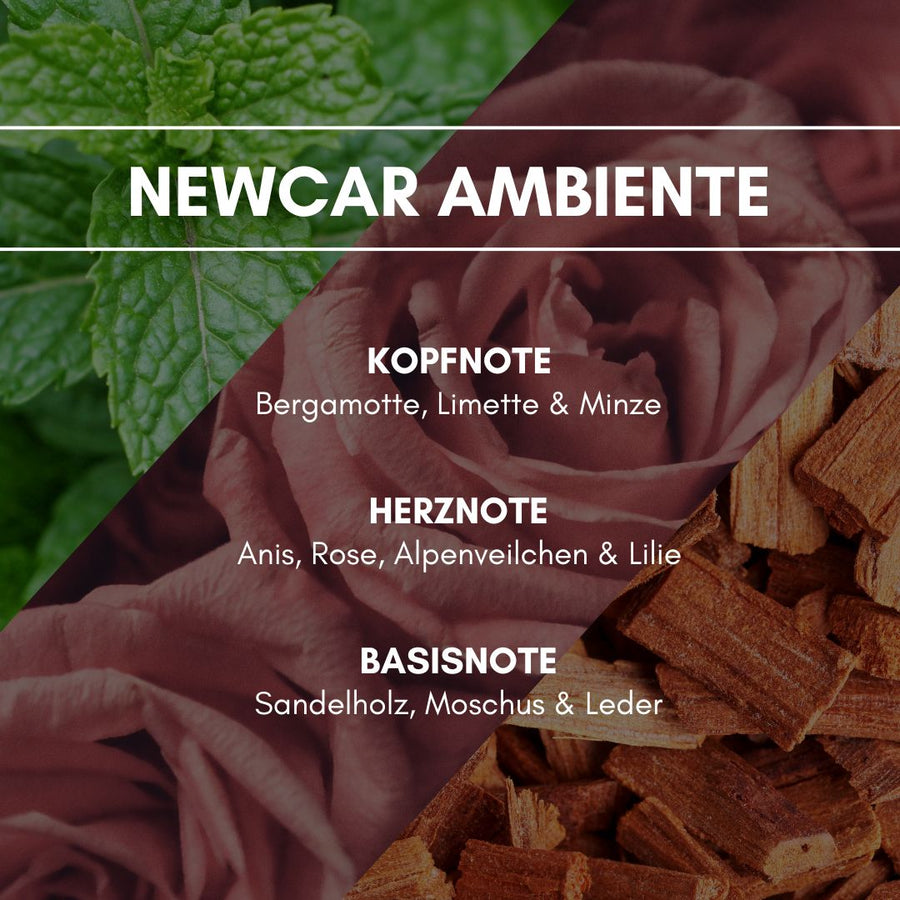 "NewCar Ambiente": Ein Neuwagenduft, der durch einen leicht herben Ledergeruch und einer frischen Note aus Bergamotte und Limette Räumen eine besondere Note verleiht.