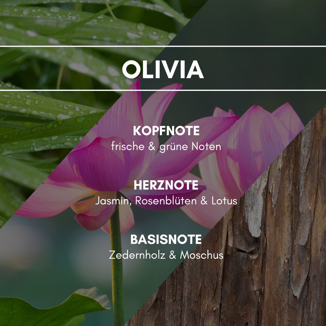 Raumduft "Olivia": Ein grüner und sogleich maritimer Blütenduft mit holziger Basisnote. Die frische und leichte Komposition aus Rosenblüten und Lotus wirkt wohltuend in den Räumen.