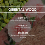 Raumduft "Oriental Wood": Fernöstliche Parfüm- und Holznoten, mit einem sanften Hauch von Eichenholz und Weihrauch umschmeichelt.