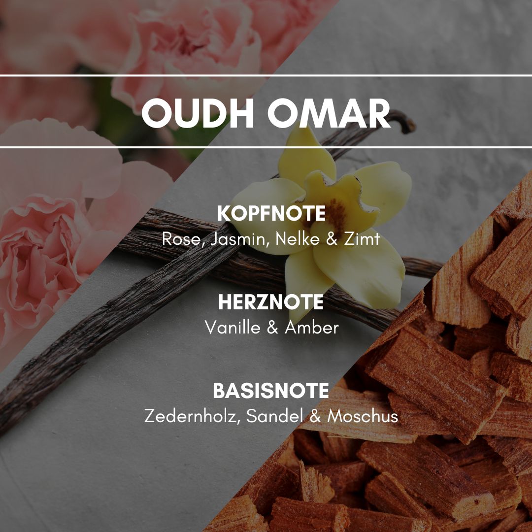 Raumduft "Oudh Omar" für AromaStreamer® 360 Holzig und mit der notwendigen Stärke des Orients, verbreitet dieser Duft das Gefühl von 1001 Nacht.